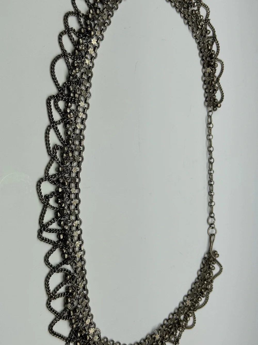 Vintage Silver Metal Body/Belly Dancer Chain adorned with Stars & Bells 37” Long